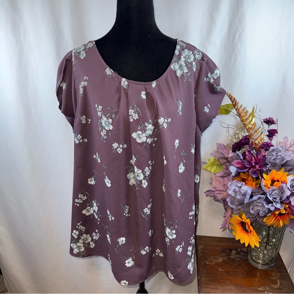 Papermoon Mauve Floral Blouse Puff Sleeve Keyhole Back Plus Size 2X